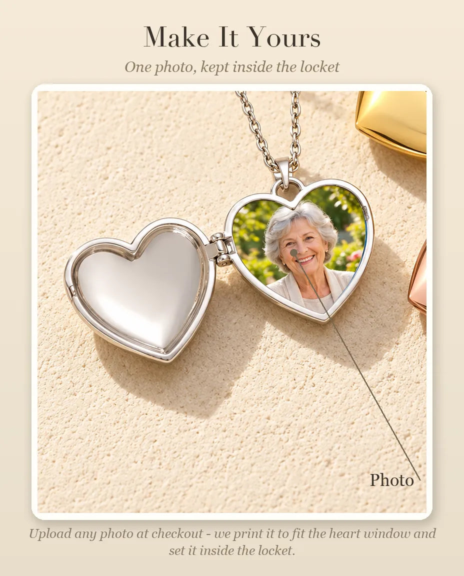Personalization guide showing where your photo goes inside the angel wings heart photo locket