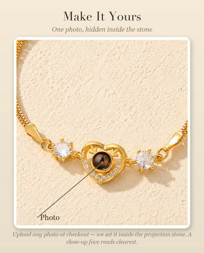 Personalization guide showing where your photo goes inside the projection stone of the antler heart