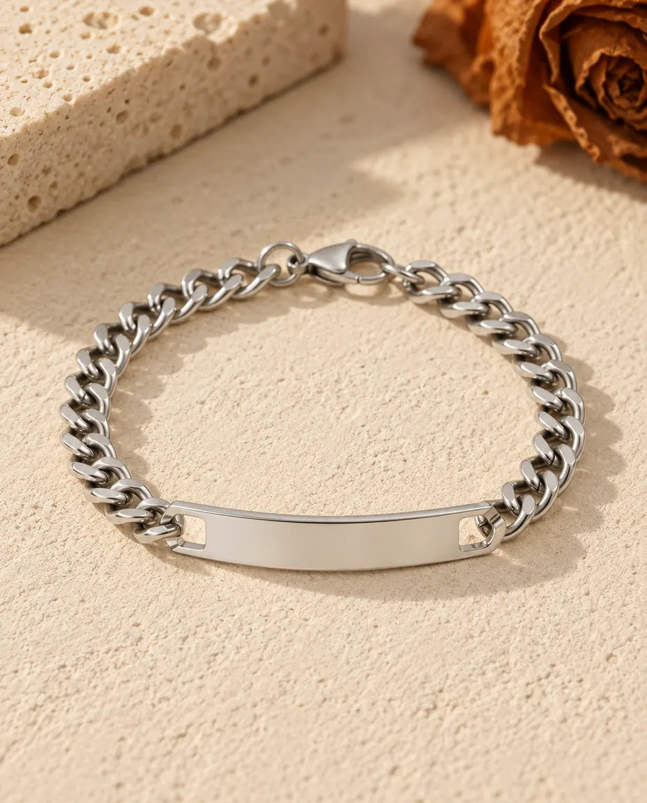 Engraved Initial & Date Bar Bracelet - front view in silver