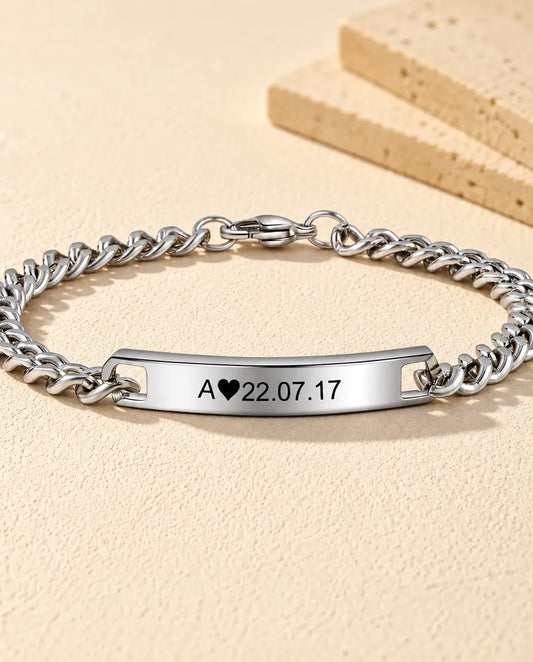 Engraved Initial & Date Bar Bracelet - front view