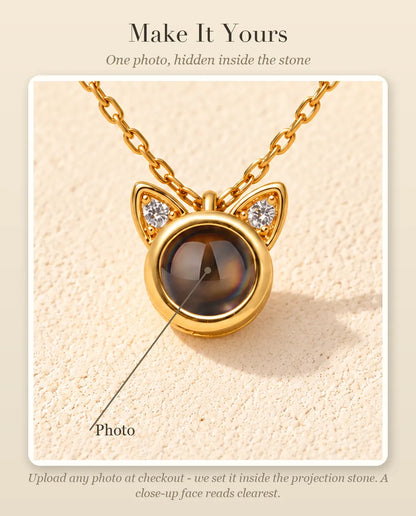 Personalization guide showing where your photo goes inside the projection stone of the cat ear necklace