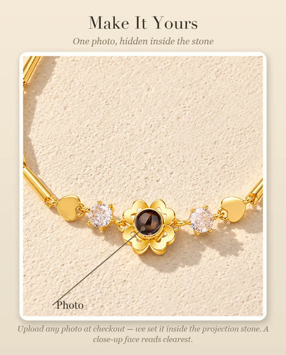Personalization guide showing where your photo goes inside the clover flower projection stone
