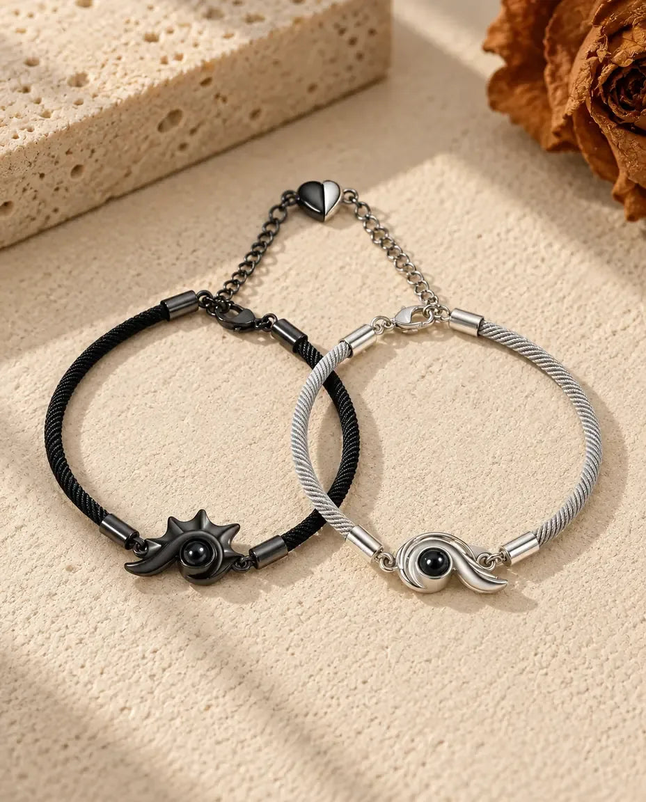 Photo Projection Matching Bracelets for Couples - matching pair laid flat