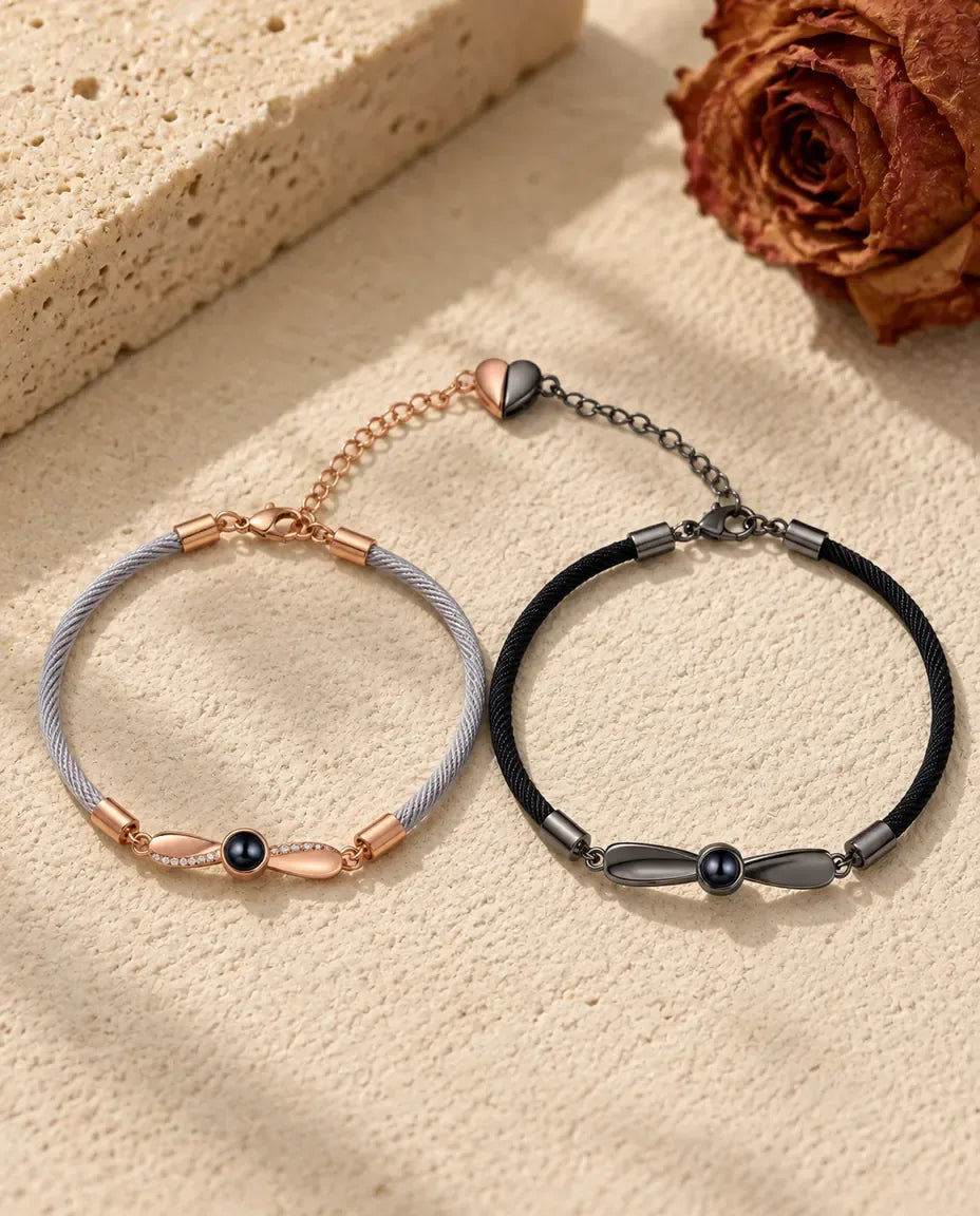 Personalized Photo Projection Couple Bracelet - matching pair laid flat