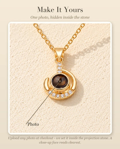 Personalization guide showing where your photo goes inside the projection stone of the crescent moon necklace