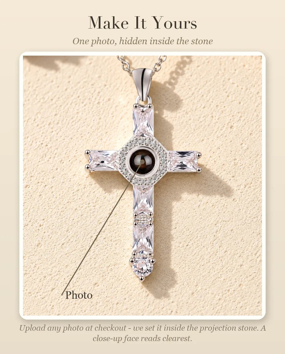 Personalization guide showing where your photo goes inside the projection stone of the cubic zirconia cross necklace