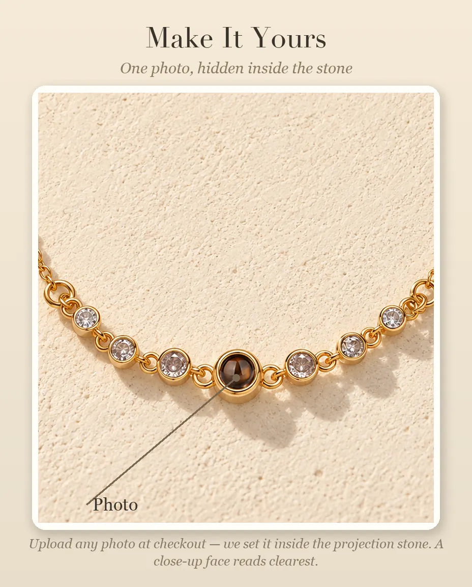 Personalization guide showing where your photo goes inside the projection stone of the stone row bracelet