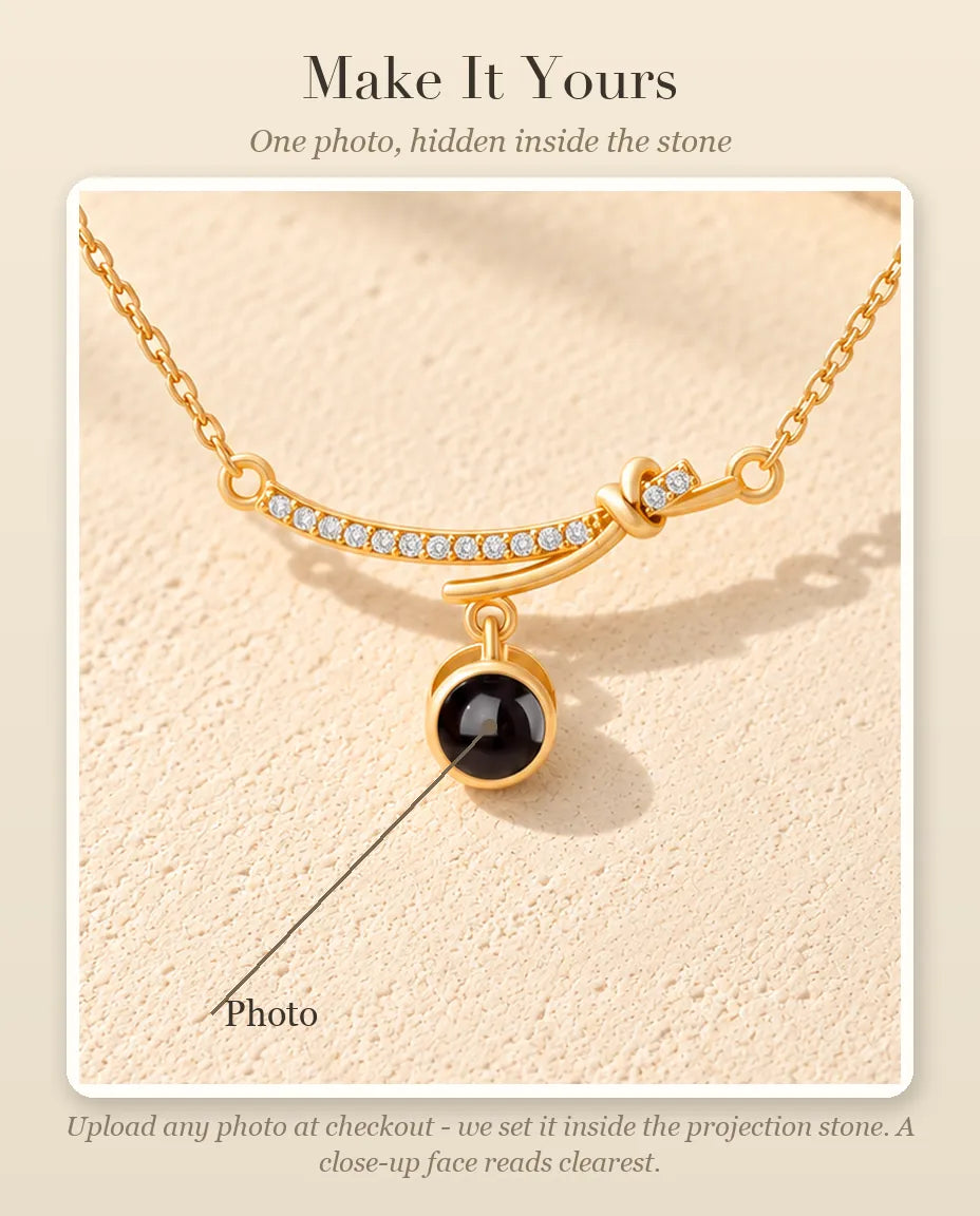 Personalization guide showing where your photo goes inside the projection stone of the curved bar necklace