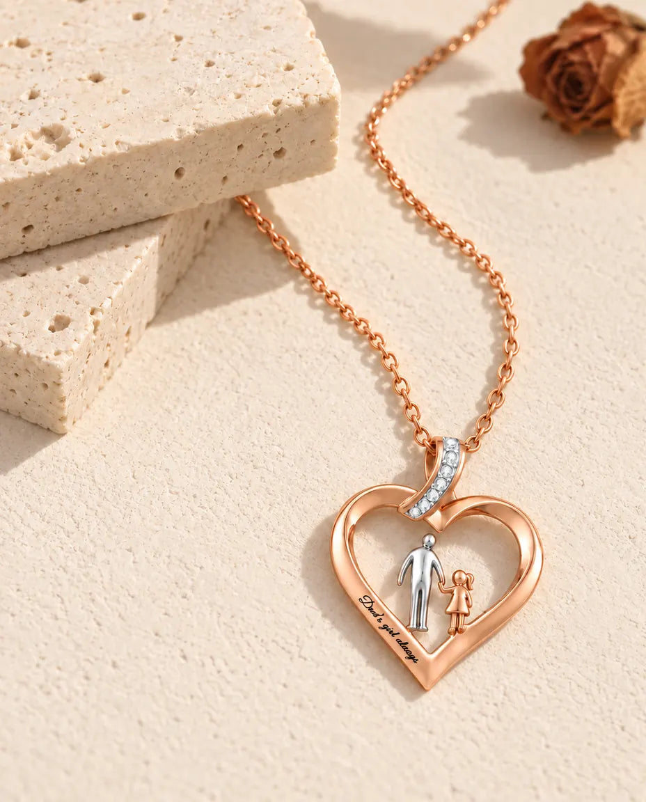 Dad and daughter heart pendant with a cubic zirconia ribbon bail, shown at an angle on plaster