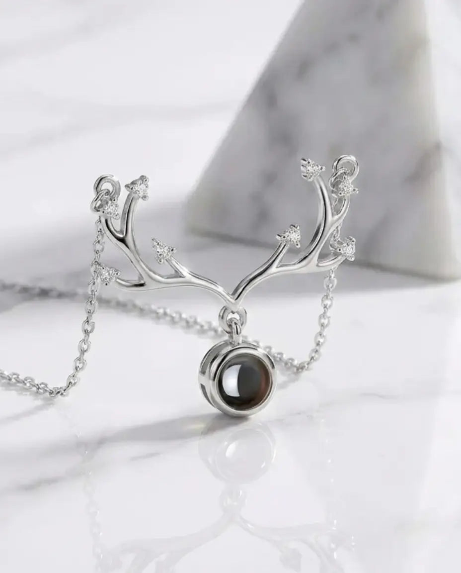 Photo Projection Necklace, Personalized Deer Antler Hidden Picture Inside Pendant, Sterling Silver or Copper, Memorial Keepsake Gift for Her