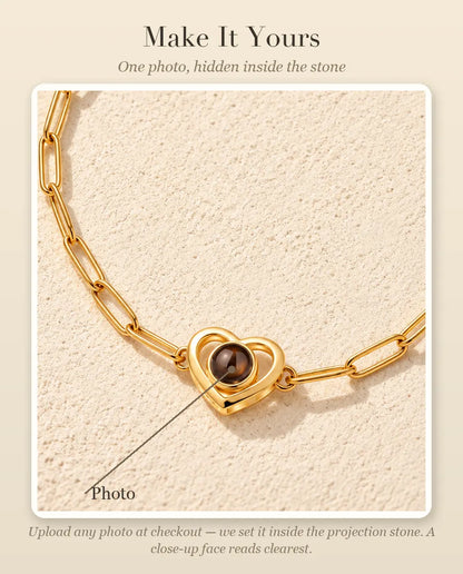 Personalization guide showing where your photo goes inside the projection stone of the double heart charm