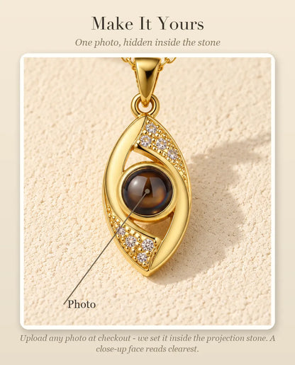 Personalization guide showing where your photo goes inside the projection stone of the evil eye necklace