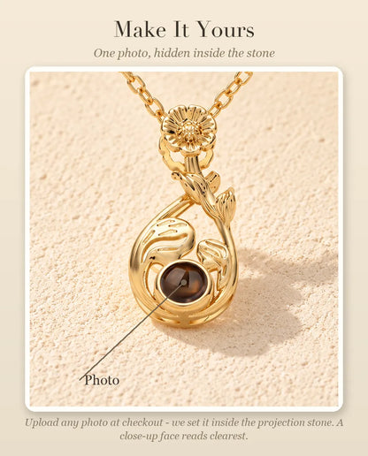 Personalization guide showing where your photo goes inside the projection stone of the flower teardrop necklace