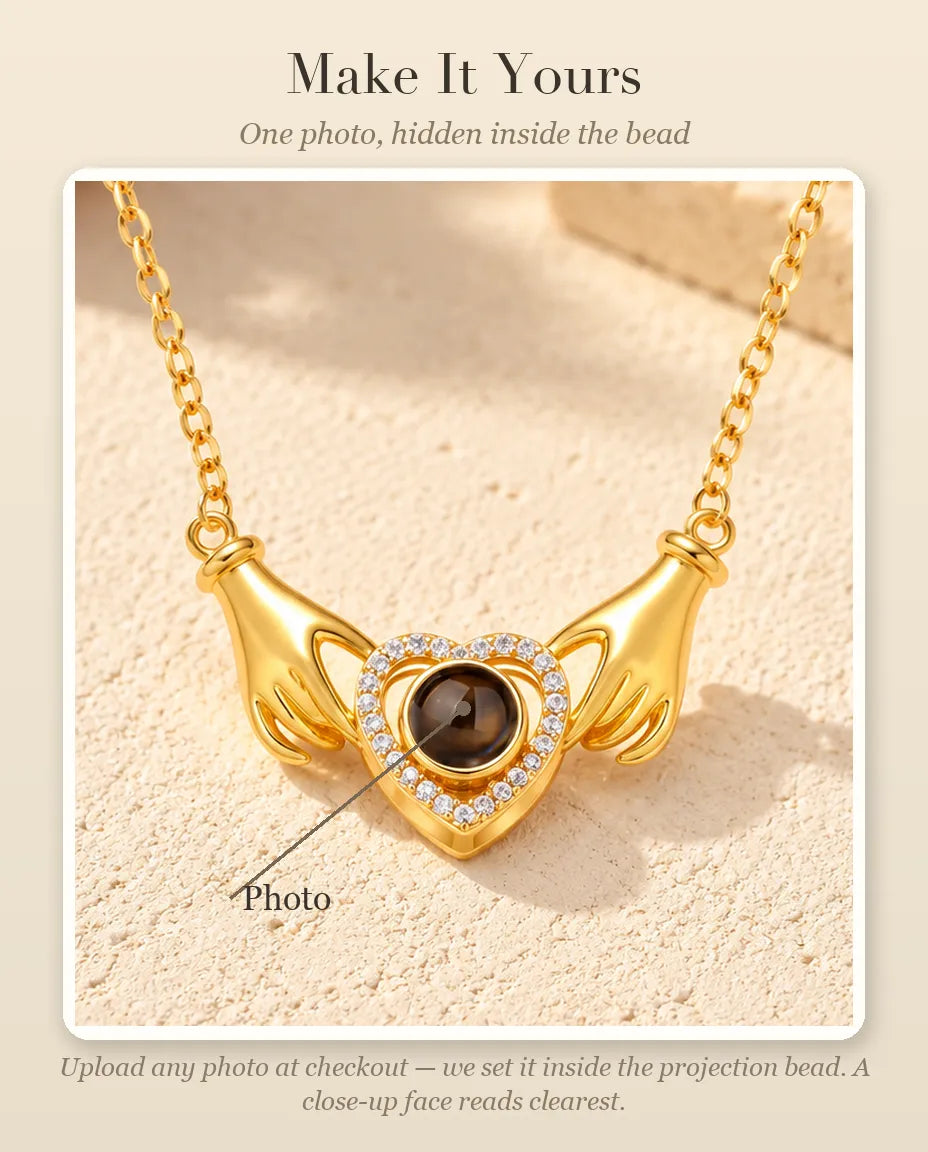 Personalization guide showing where your photo goes inside the projection bead of the necklace