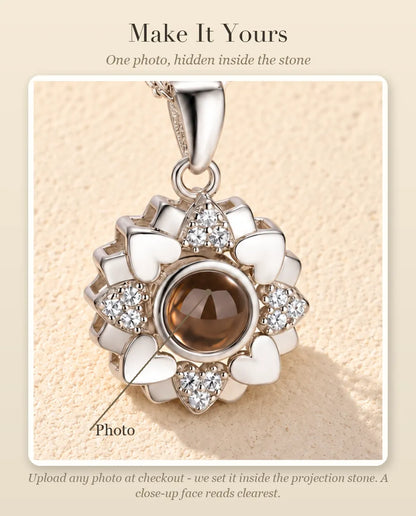 Personalization guide showing where your photo goes inside the projection stone of the heart flower necklace