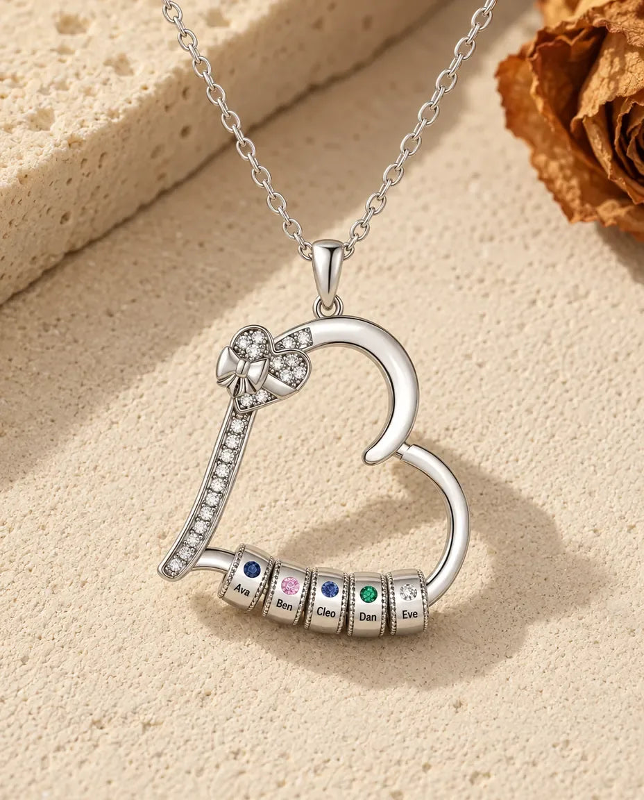 Personalized Family Birthstone Heart Necklace - front view in silver
