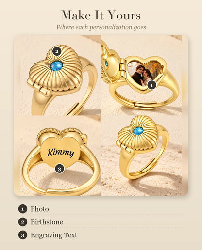Personalization guide for the heart locket ring: photo, birthstone and engraving