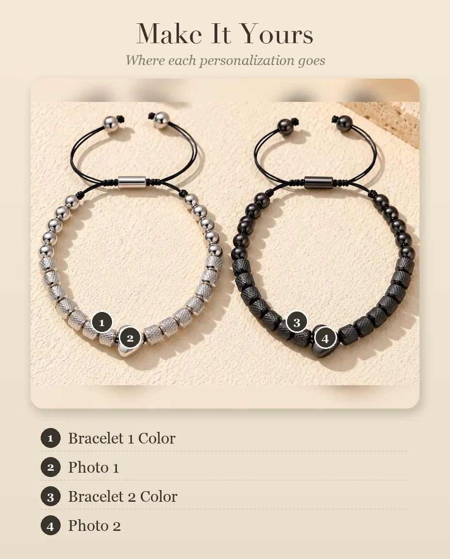 Personalization guide showing Bracelet 1 Color, Photo 1, Bracelet 2 Color and Photo 2 on the couples bracelets