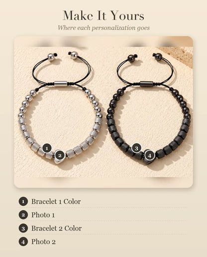 Personalization guide showing Bracelet 1 Color, Photo 1, Bracelet 2 Color and Photo 2 on the couples bracelets