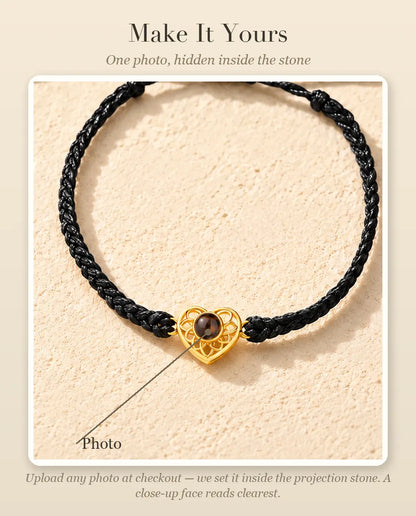 Personalization guide showing where your photo goes inside the projection stone of the heart charm