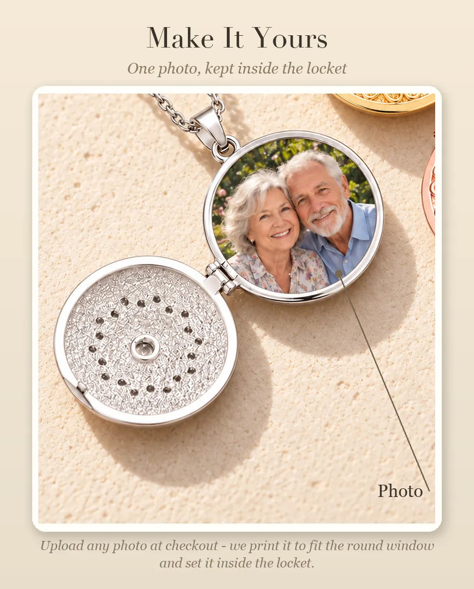 Personalization guide showing where your photo goes inside the mandala flower photo locket