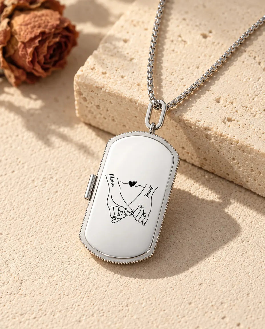Personalized men's dog tag photo locket necklace in silver, engraved pinky promise design with two names