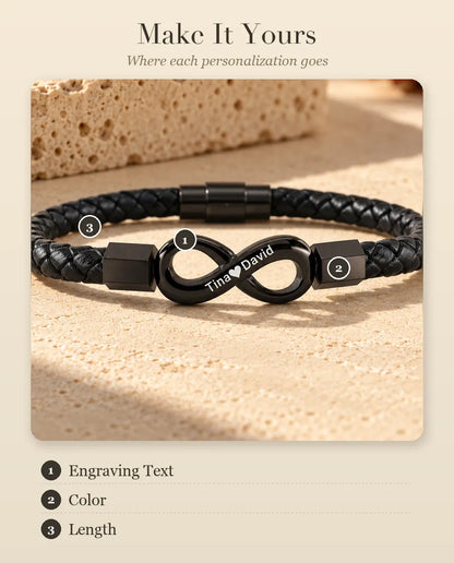 Personalization guide showing where the engraving text, color and length options apply on the bracelet