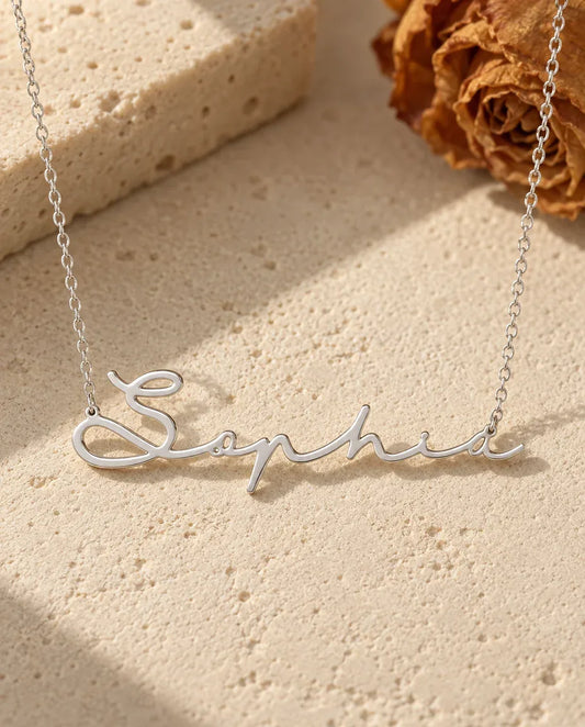 Cursive Name Necklace - front view in silver