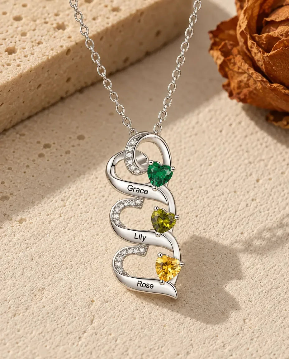 Personalized Birthstone Necklace with 2-5 Engraved Names - front view in silver