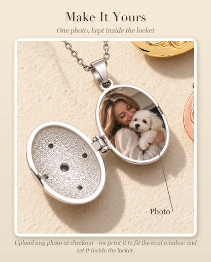 Personalization guide showing where your photo goes inside the oval locket