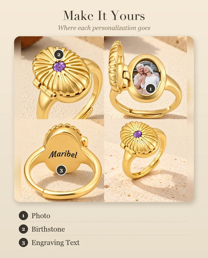 Personalization guide for the oval locket ring: photo, birthstone and engraving
