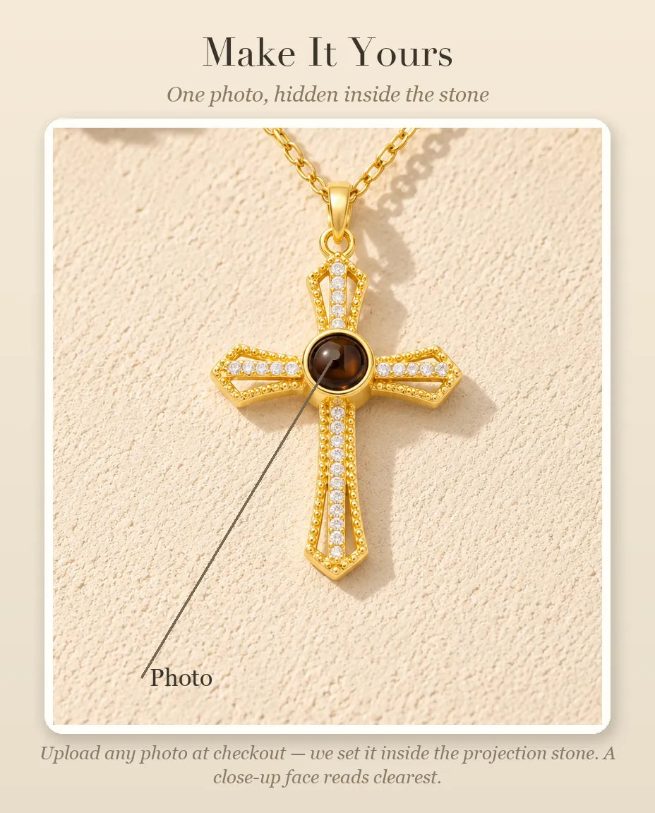 Personalization guide showing the Photo hidden inside the stone at the center of the cross