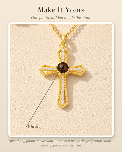 Personalization guide showing the Photo hidden inside the stone at the center of the cross