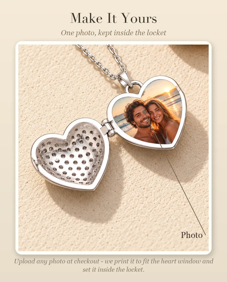 Personalization guide showing where your photo goes inside the pave heart photo locket