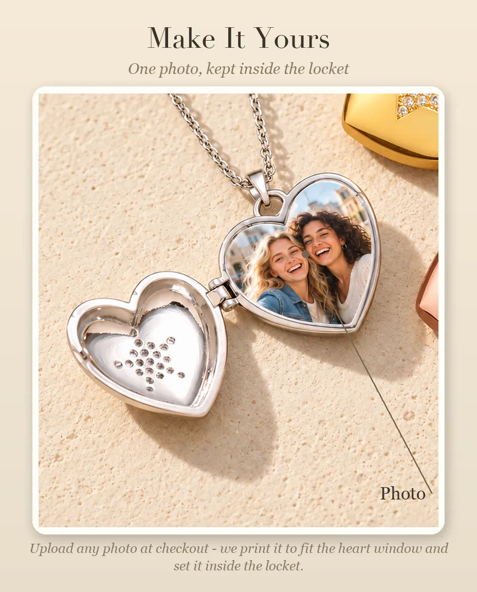 Personalization guide showing where your photo goes inside the pave star heart photo locket