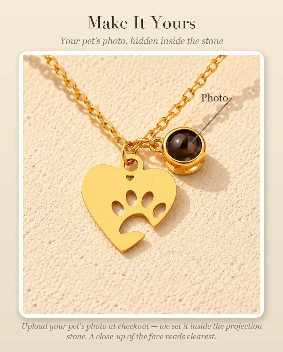 Personalization guide showing your pet's Photo inside the projection stone charm