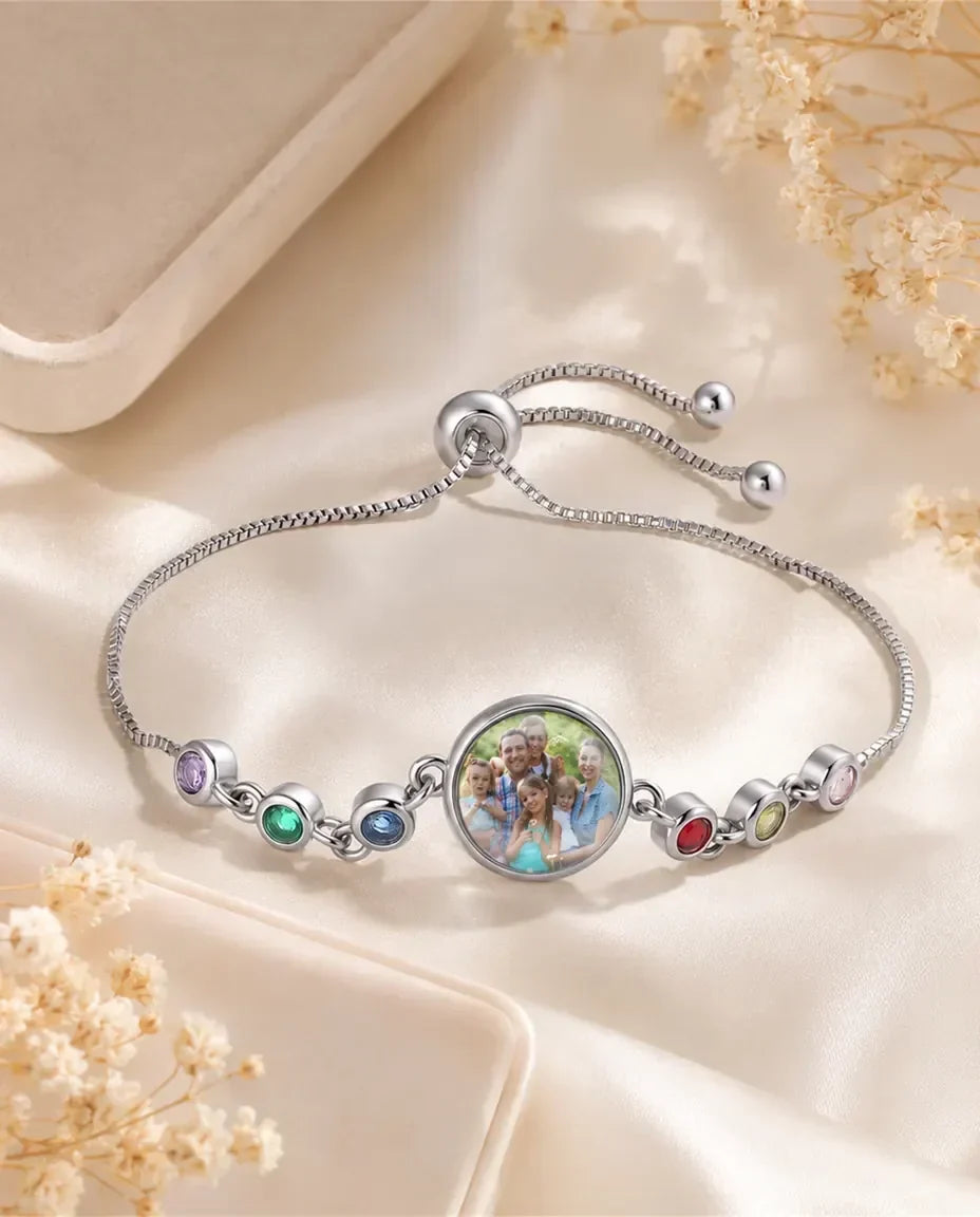 Adjustable photo bracelet with round picture bead and six birthstones in silver