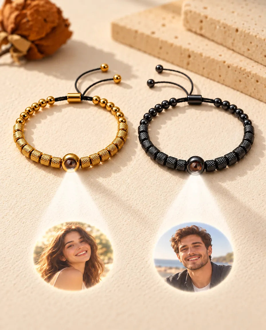 Two bead bracelets project two round photos, one of a smiling woman and one of a smiling man