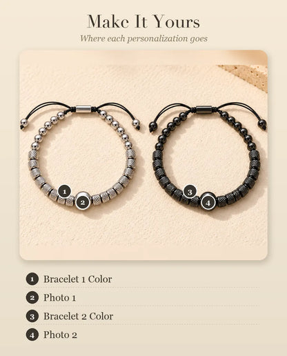 Personalization guide showing Bracelet 1 Color, Photo 1, Bracelet 2 Color and Photo 2 on the couples bracelets