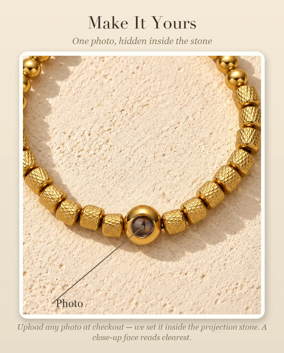 Personalization guide showing where your photo goes inside the round projection bead