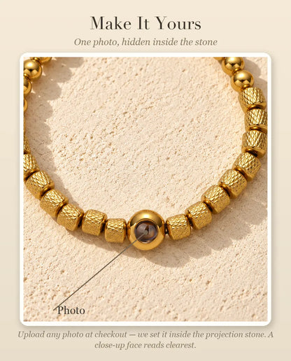 Personalization guide showing where your photo goes inside the round projection bead