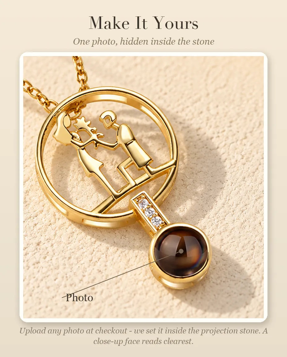 Personalization guide showing where your photo goes inside the projection stone of the proposal necklace