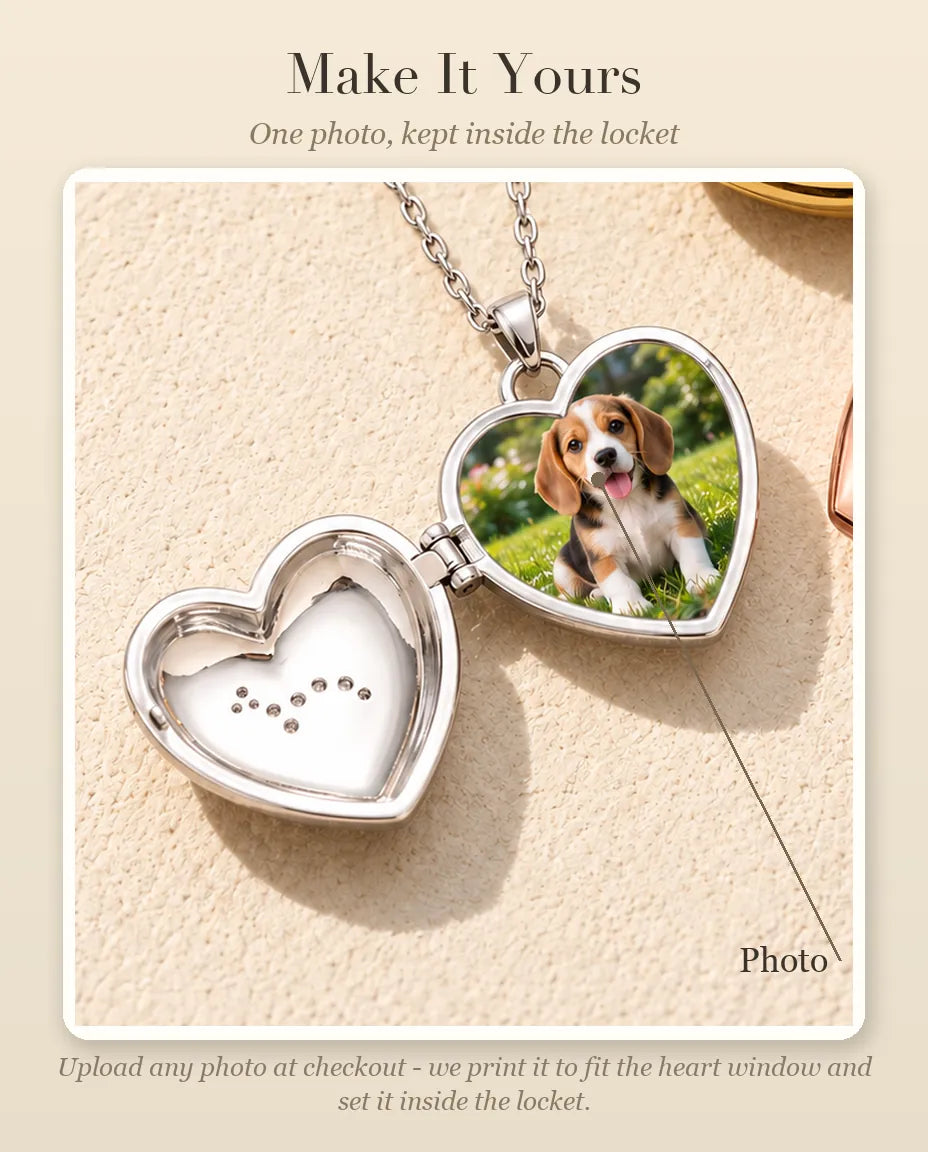Personalization guide showing where your photo goes inside the puppy heart photo locket