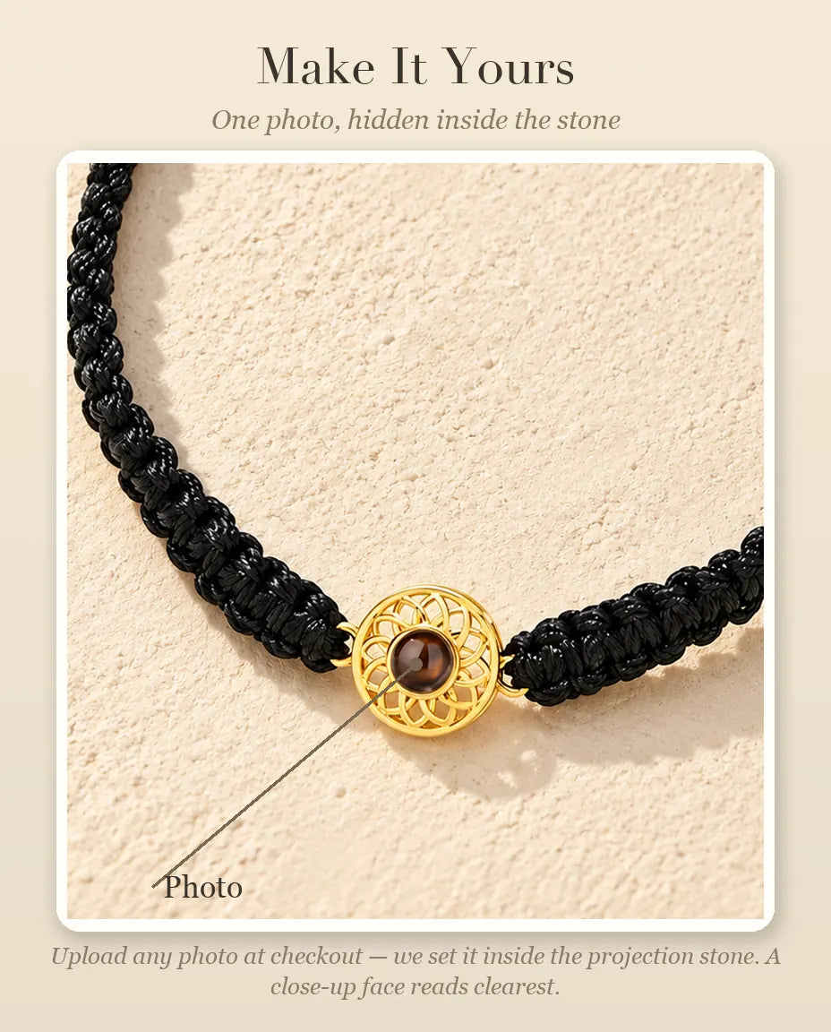Personalization guide showing where your photo goes inside the projection stone of the round charm