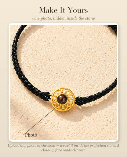 Personalization guide showing where your photo goes inside the projection stone of the round charm