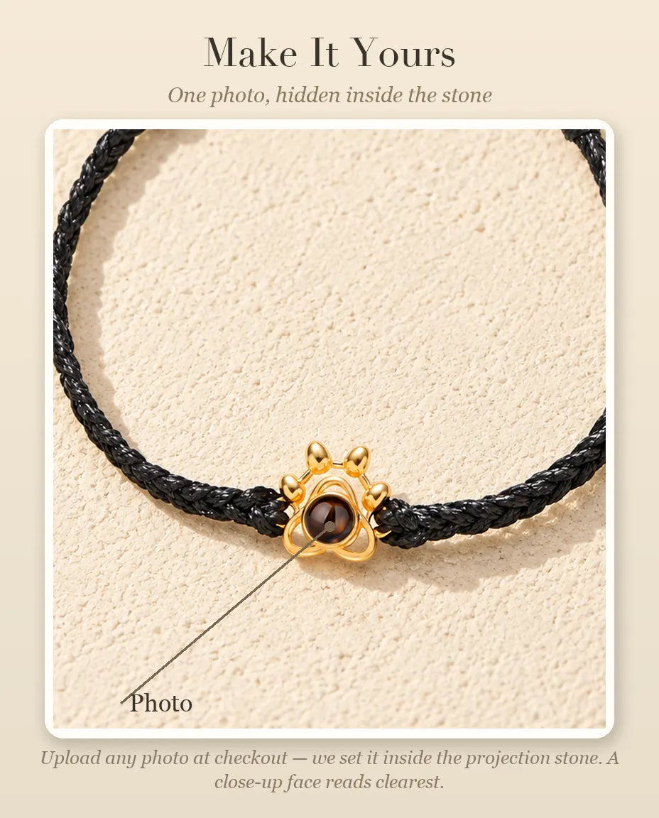 Personalization guide showing where your pet photo goes inside the projection stone of the paw charm