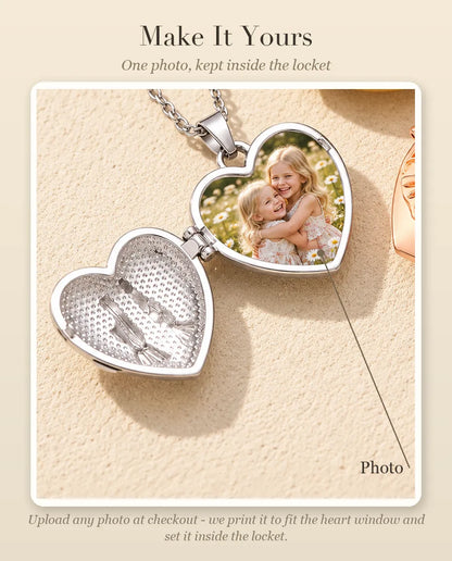 Personalization guide showing where your photo goes inside the sisters heart photo locket
