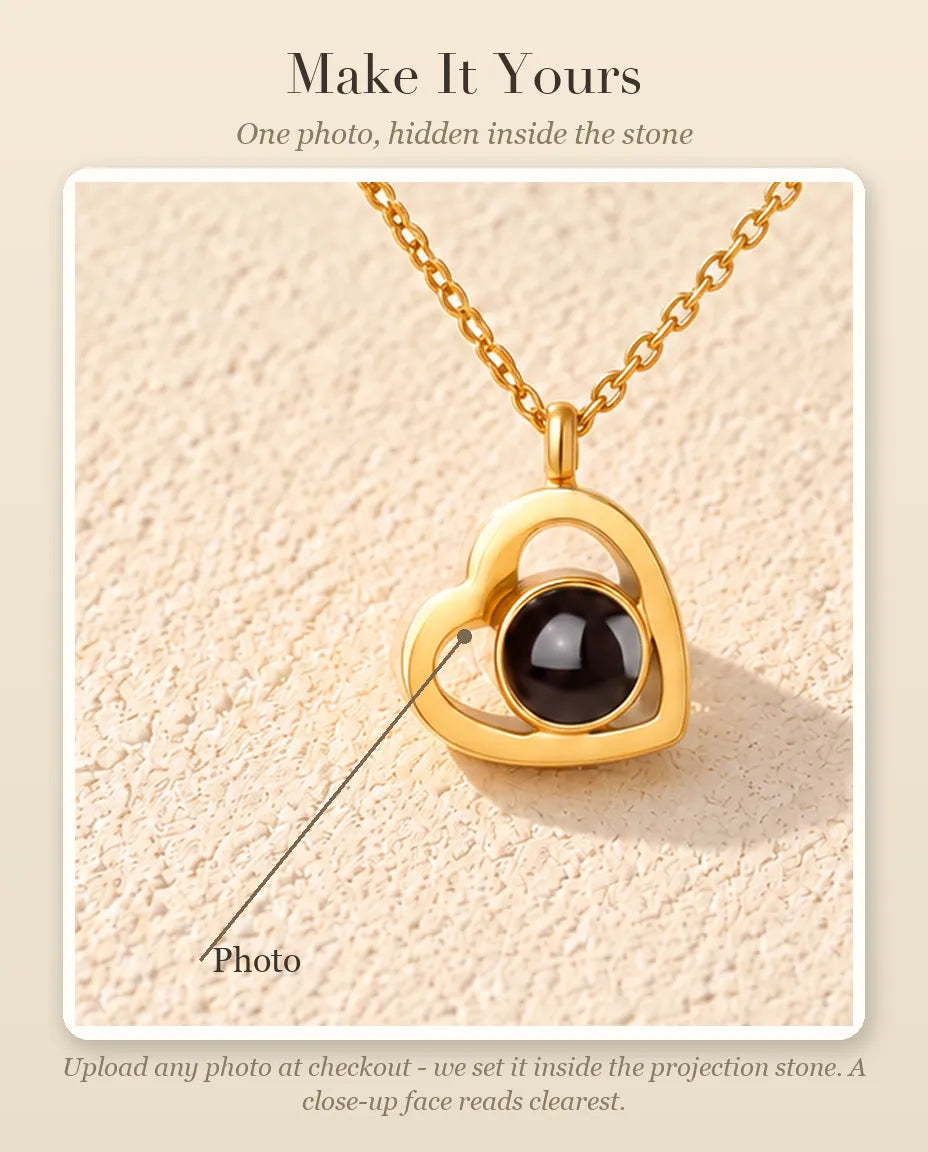 Personalization guide showing the photo inside the projection stone of the double heart necklace