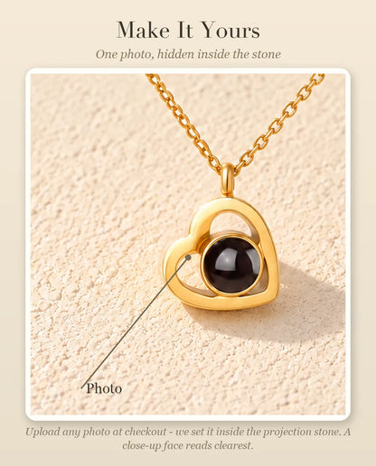 Personalization guide showing the photo inside the projection stone of the double heart necklace
