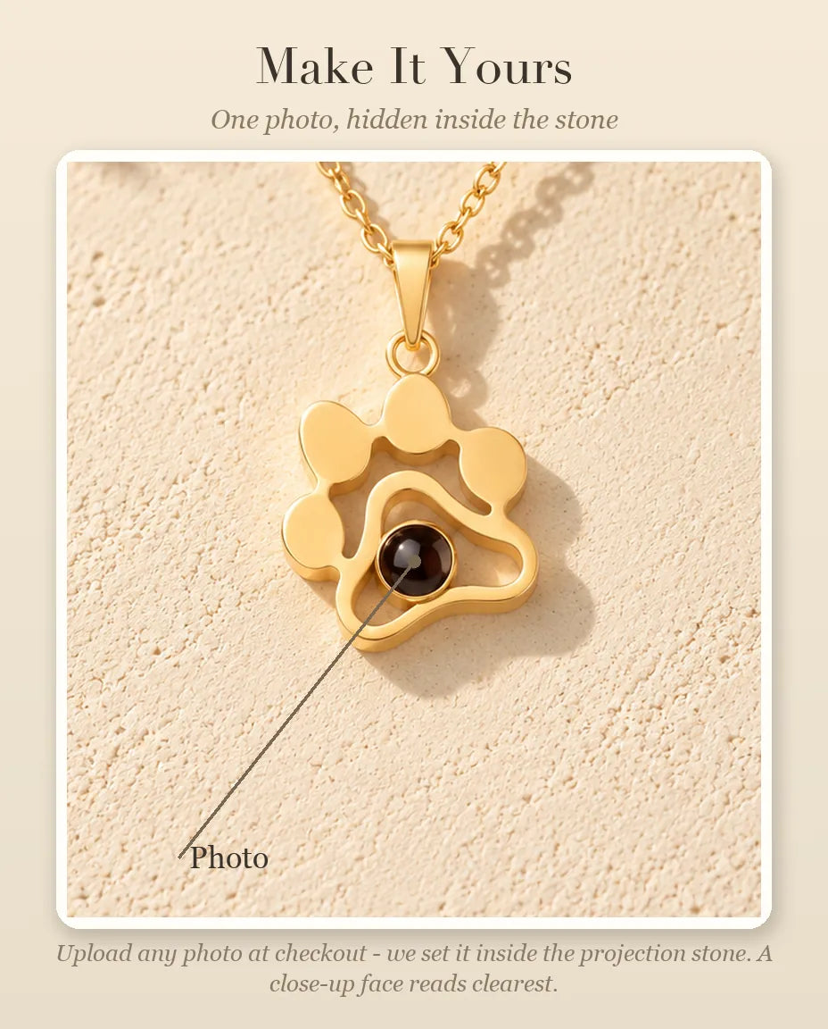 Personalization guide showing where your photo goes inside the projection stone of the paw print necklace
